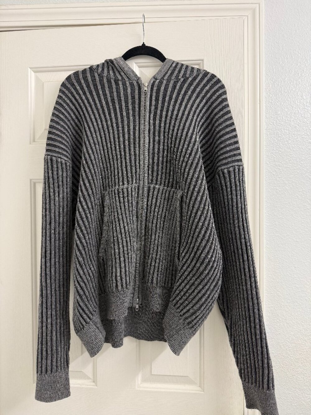 Gray Striped Ribbed Knit Half-Zip Hoodie Sweater with Pockets